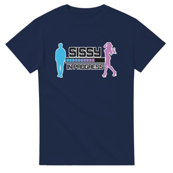 A t-shirt featuring a design of a progress bar illustrating the evolution of one's feminization, for sissies and femboys.