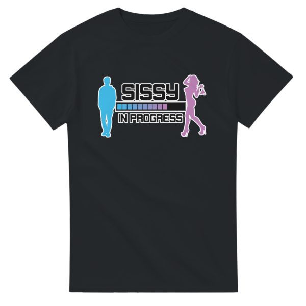A t-shirt featuring a design of a progress bar illustrating the evolution of one's feminization, for sissies and femboys.