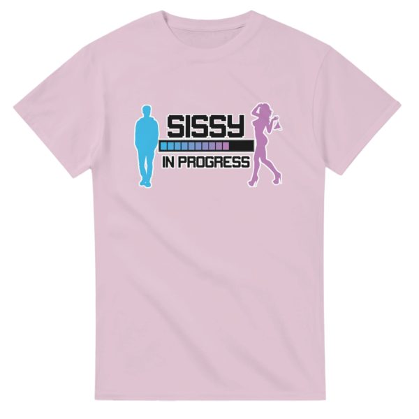 A t-shirt featuring a design of a progress bar illustrating the evolution of one's feminization, for sissies and femboys.