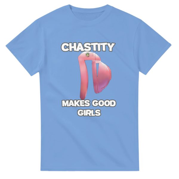 A t-shirt featuring a chastity cage motif and the slogan for sissies and femboys: "Chastity makes good girls."